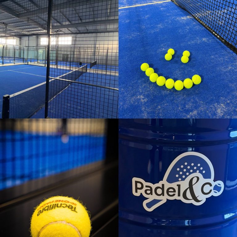 Ambiance du club : terrains bleus, balles jaunes et logo Padel & Co